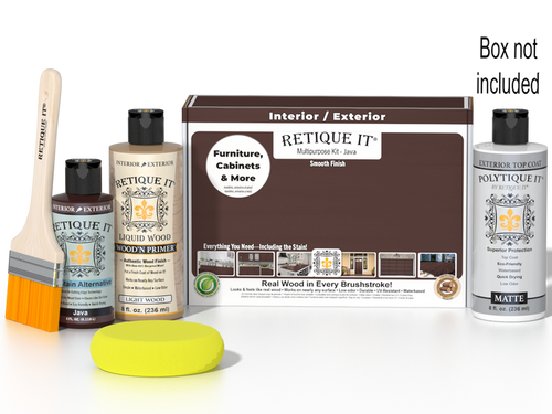 Retique It® Multipurpose Kit - Java with primer, gel stain alternative, matte topcoat, brush, sponge, and packaging.