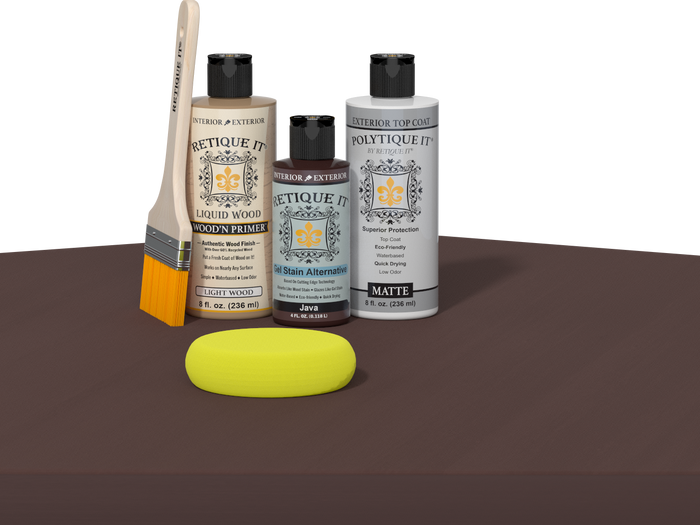 Retique It refinishing kit with Light Wood primer, Java gel stain alternative, matte Polytique It topcoat, a brush and yellow sponge.