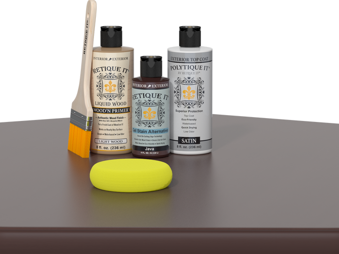 Retique It® Light Wood Wood’n Primer with Java Gel Stain Alternative, satin topcoat, brush, and yellow sponge on a tabletop.