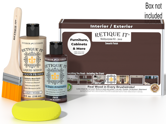 Retique It® Multipurpose Kit - Java packaging with primer, Java Gel Stain Alternative, brush, yellow sponge, and “Furniture, Cabinets & More” callout.