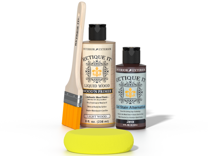 Retique It® Light Wood Wood’n Primer with Java Gel Stain Alternative, brush, and yellow sponge.