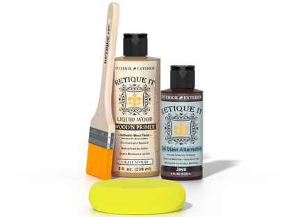 Retique It® Light Wood Wood’n Primer with Java Gel Stain Alternative, brush, and yellow sponge.