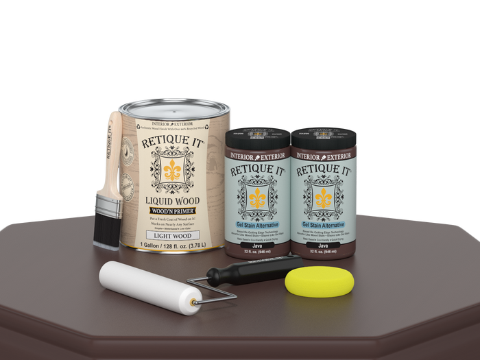 Retique It Multi-purpose Smooth Finish Kit in Java, 4-piece wood finishing set, with smooth finish products on a table.