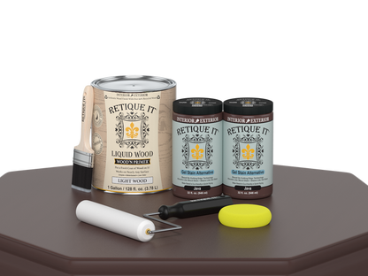 Retique It Multi-purpose Smooth Finish Kit in Java, 4-piece wood finishing set, with smooth finish products on a table.