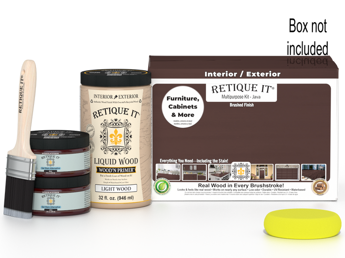 Large Java wood finish kit from Retique It with smooth finish and multiple tools, displayed in box.