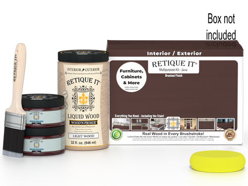 Large Java wood finish kit from Retique It with smooth finish and multiple tools, displayed in box.