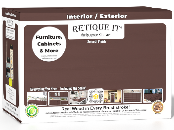 Large Java wood finish kit by Retique It with smooth finish, includes multiple tools and products for wood finishing projects.