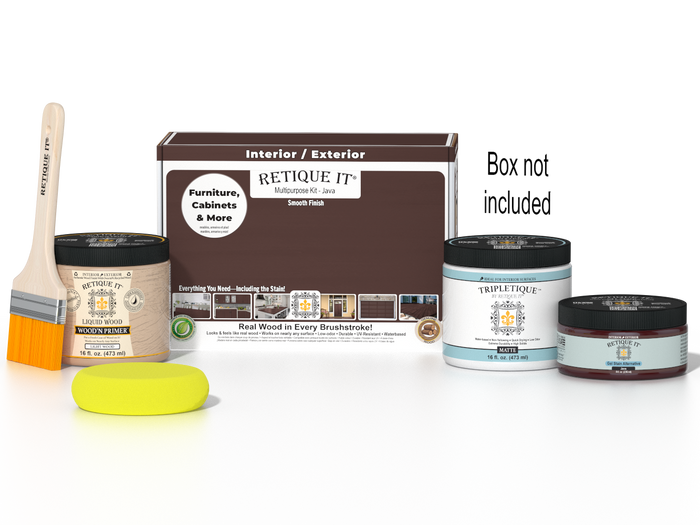 Retique It® Java Multipurpose Kit with Liquid Wood primer, Java gel stain alternative, Tripletique matte interior top coat, paintbrush, and yellow sponge displayed with the product box.