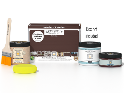Retique It® Java Multipurpose Kit with Liquid Wood primer, Java gel stain alternative, Tripletique matte interior top coat, paintbrush, and yellow sponge displayed with the product box.
