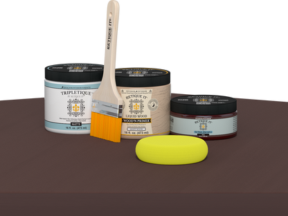 Retique It refinishing kit with Light Wood primer, Java gel stain alternative, matte Tripletique topcoat, a brush and yellow sponge.