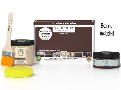 Retique It® Java Multipurpose Kit with Liquid Wood primer, Java gel stain alternative, paintbrush, and yellow sponge displayed with the product box.