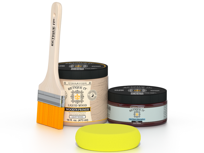 Retique It® Java Multipurpose Kit contents with Liquid Wood primer, Java gel stain alternative, paintbrush, and yellow sponge.