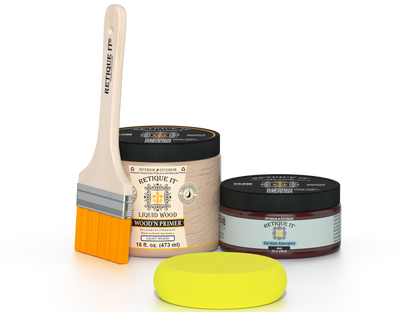 Retique It® Java Multipurpose Kit contents with Liquid Wood primer, Java gel stain alternative, paintbrush, and yellow sponge.