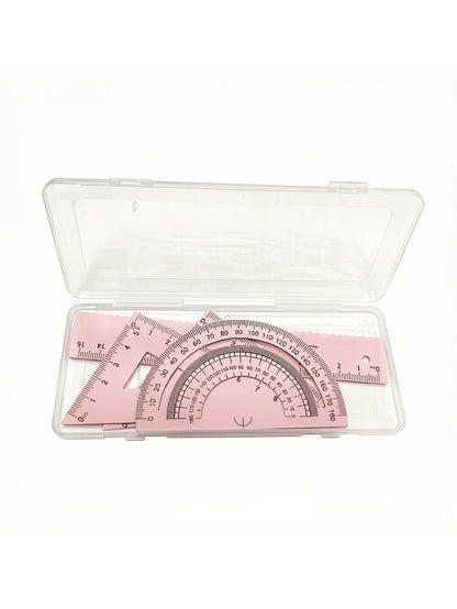 Multifunctional Geometric Ruler Set, Protractor, Triangle Ruler, Straight Ruler, Manual Measurement Drawing Tools With Storage Box, 4 Colors Available: Pink, Mint Green, Light Blue, Taro Purple, For S