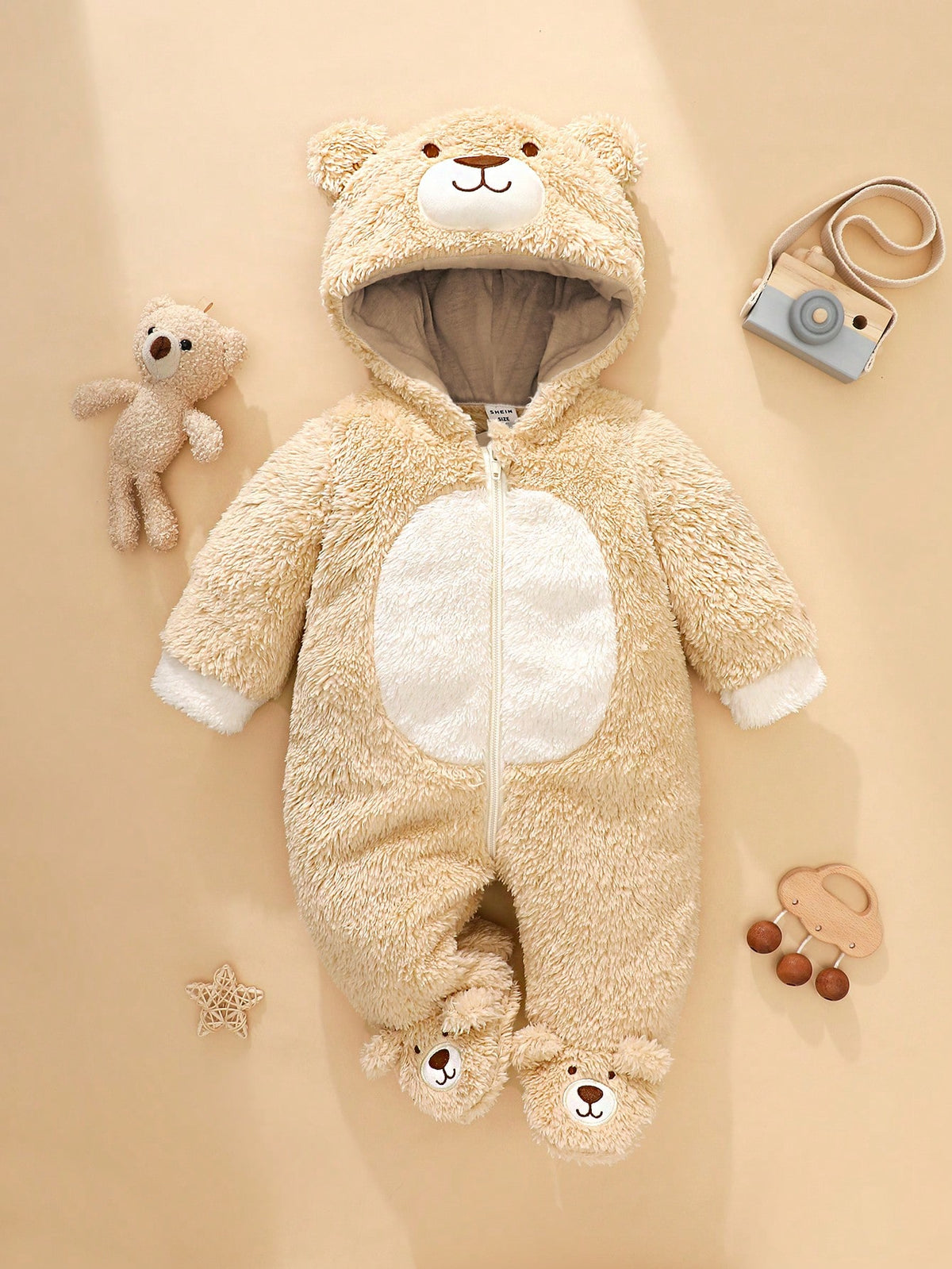 Newborn Bear Shaped Outfit, Includes Cute Bear 3D Shaped Hat, Bear Ear Hooded Long Sleeve Jumpsuit With Pants