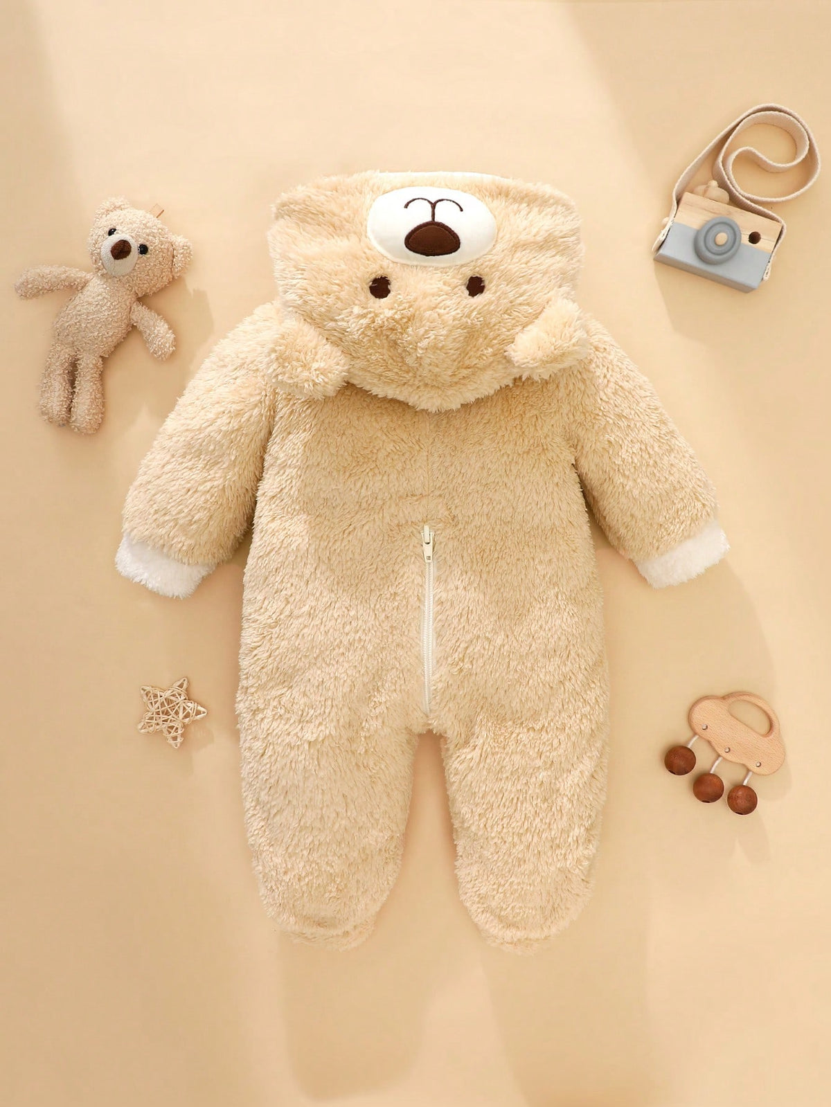 Newborn Bear Shaped Outfit, Includes Cute Bear 3D Shaped Hat, Bear Ear Hooded Long Sleeve Jumpsuit With Pants
