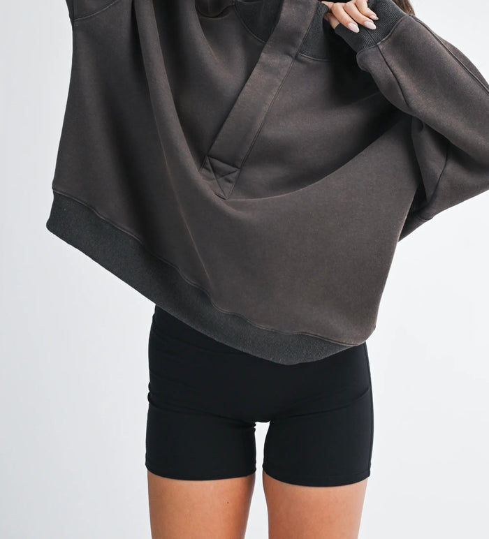 Oversized Snap Neck Pullover Sweatshirt - Charcoal