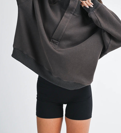 Oversized Snap Neck Pullover Sweatshirt - Charcoal