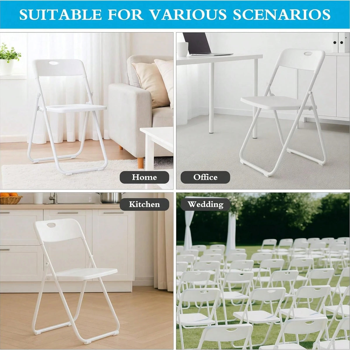 Plastic Folding Chairs 6 Pack, Lightweight Foldable Chair With 350lbs Capacity, Metal Frame Easy To Fold & Store, Commercial Chairs For Parties Events Wedding Office Dinning,White