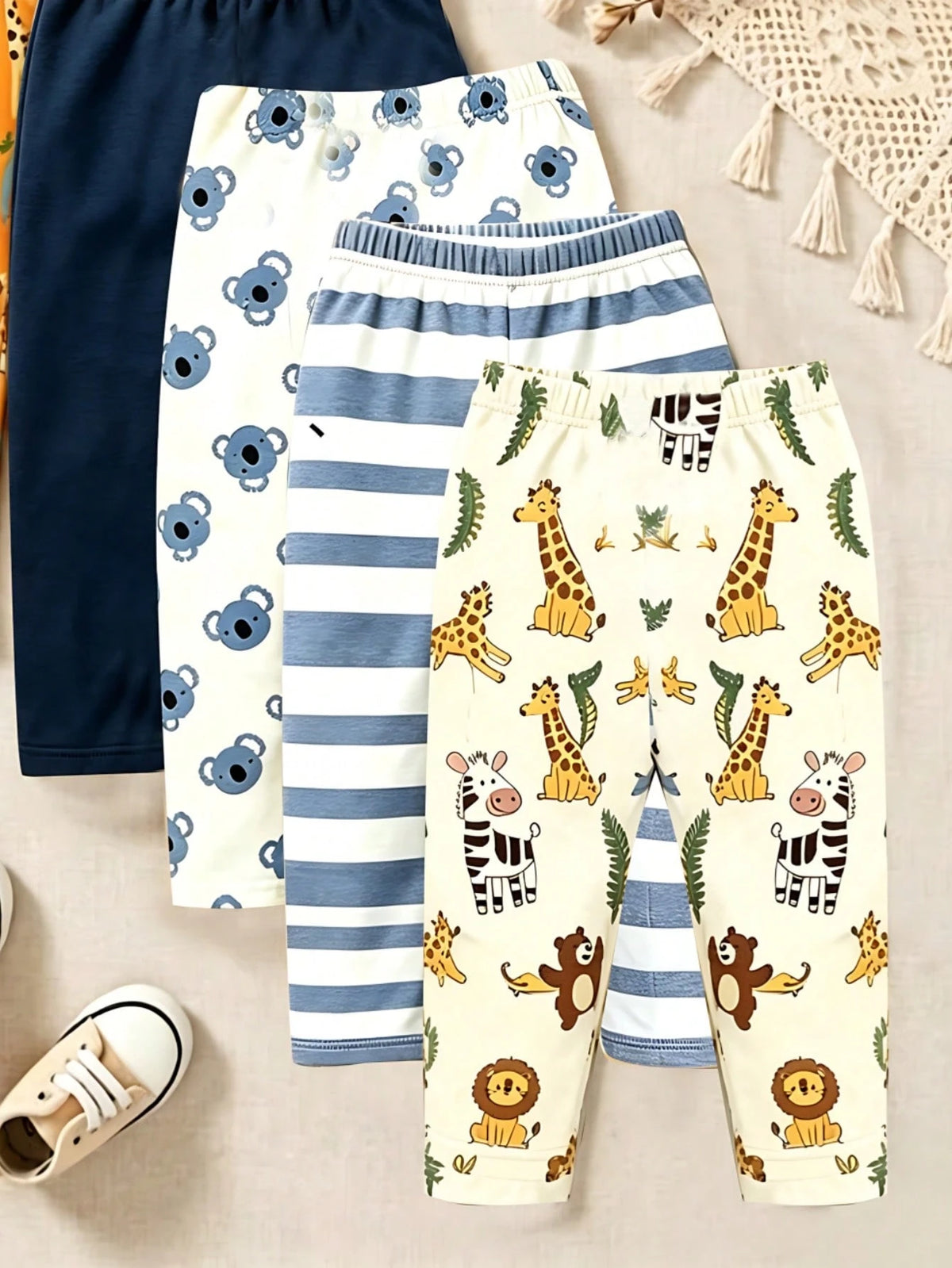 Playful Pals 2 Random Pieces,Boys Cartoon Animal Stripe Solid Color Slim Fit Elastic Waist Pants Orange Navy White Cute Casual Pants Autumn Fall Back To School