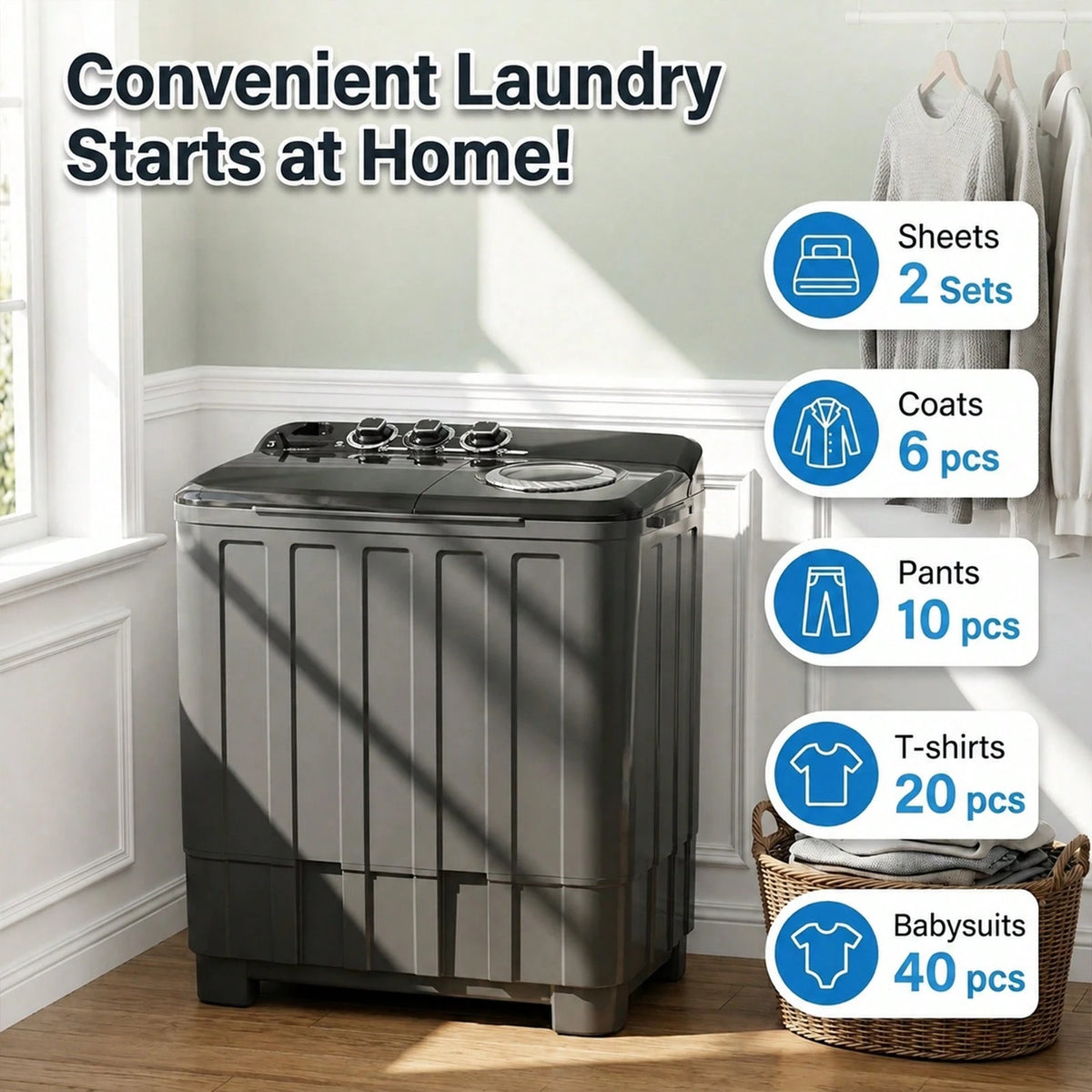 PLENTORA Portable Washing Machine And Spin Dryer, 30lbs Twin Tub Washer With Drain Pump, Large Capacity Washer(20Lbs) And Spinner(10 Lbs), Durable Design For Apartments, Dorms, RVs