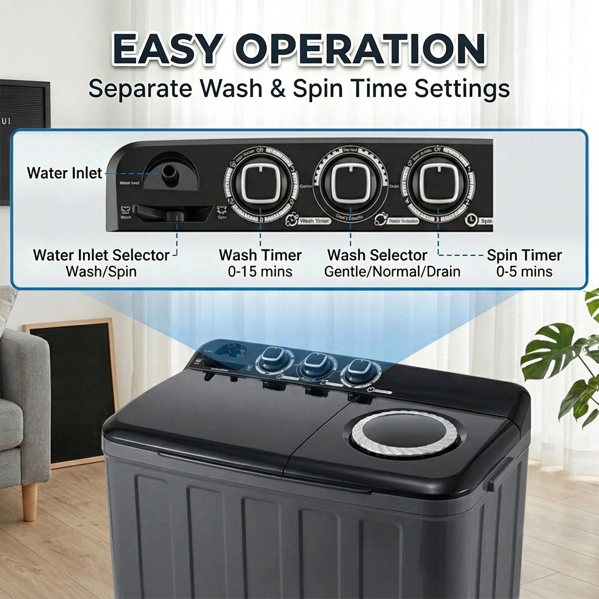 PLENTORA Portable Washing Machine And Spin Dryer, 30lbs Twin Tub Washer With Drain Pump, Large Capacity Washer(20Lbs) And Spinner(10 Lbs), Durable Design For Apartments, Dorms, RVs