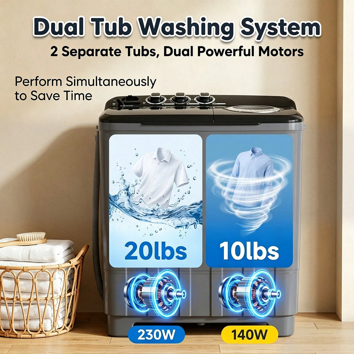PLENTORA Portable Washing Machine And Spin Dryer, 30lbs Twin Tub Washer With Drain Pump, Large Capacity Washer(20Lbs) And Spinner(10 Lbs), Durable Design For Apartments, Dorms, RVs