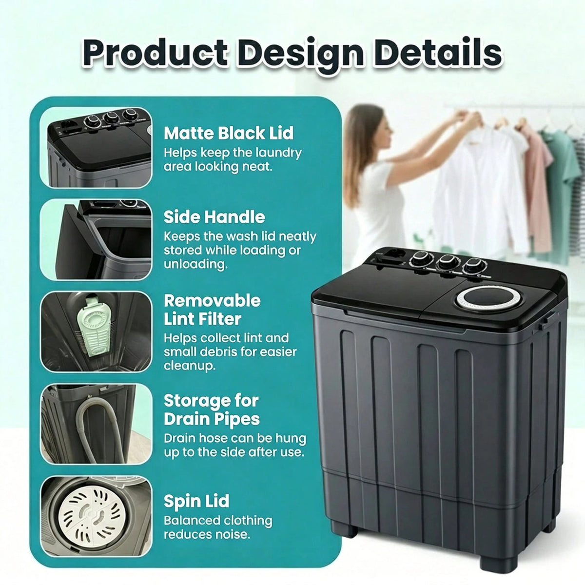 PLENTORA Portable Washing Machine And Spin Dryer, 30lbs Twin Tub Washer With Drain Pump, Large Capacity Washer(20Lbs) And Spinner(10 Lbs), Durable Design For Apartments, Dorms, RVs
