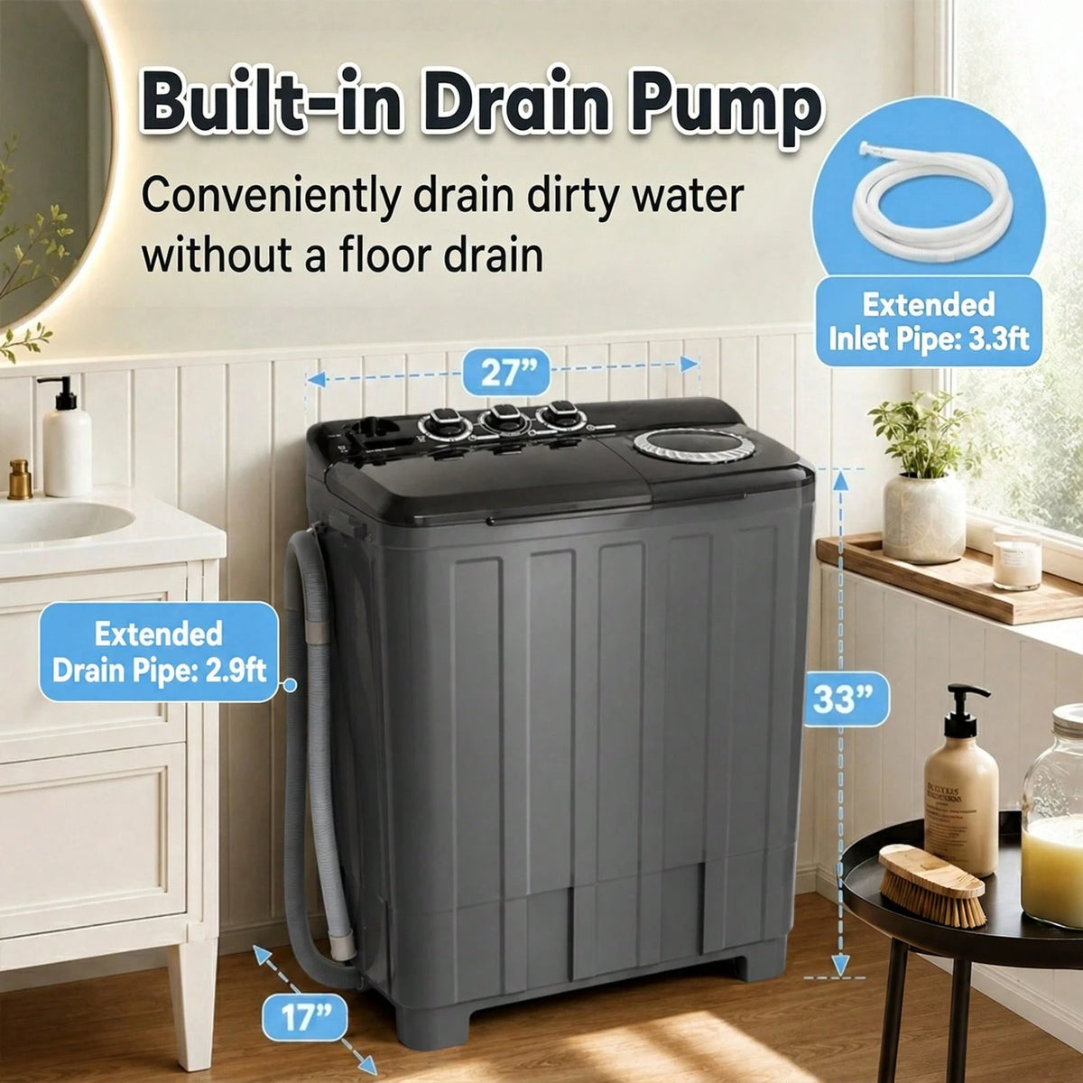 PLENTORA Portable Washing Machine And Spin Dryer, 30lbs Twin Tub Washer With Drain Pump, Large Capacity Washer(20Lbs) And Spinner(10 Lbs), Durable Design For Apartments, Dorms, RVs