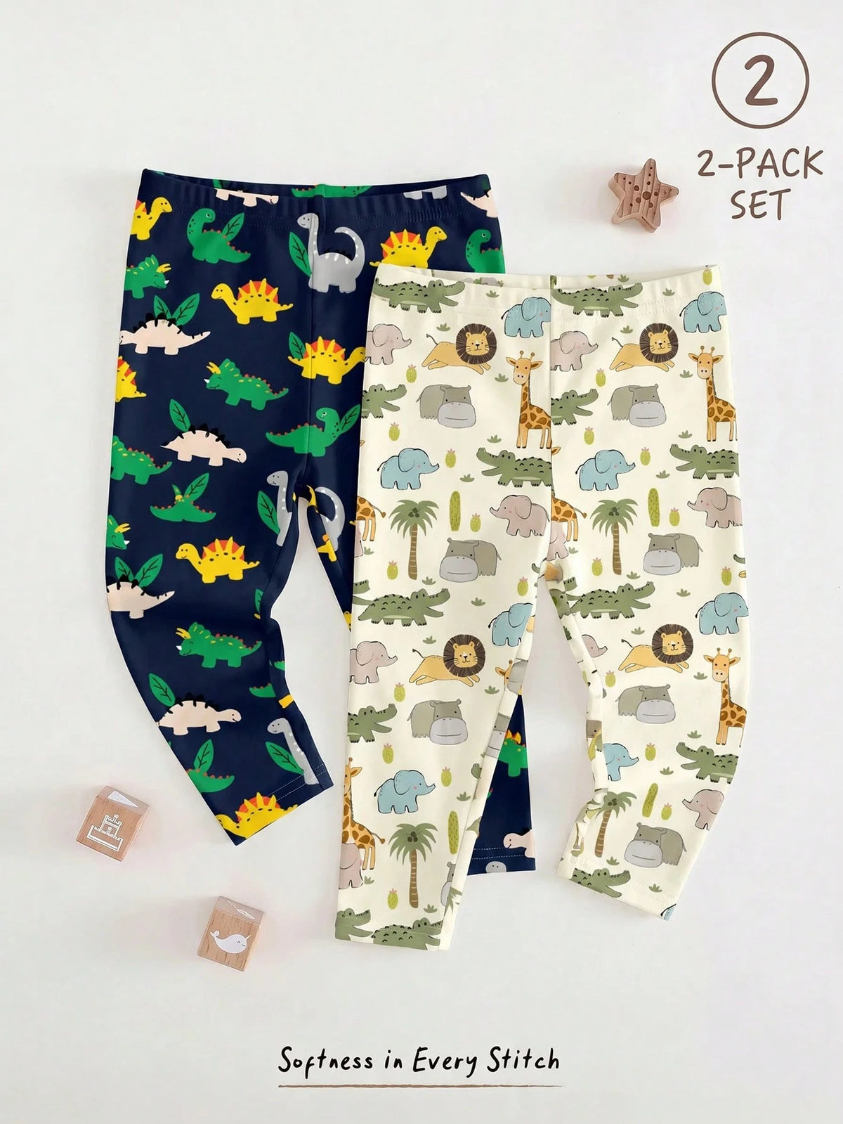 RANDOM 5 PCS SEND 2 PCS Baby Boy Patterned Long Pants 2 Pieces Set, Classic Cute Cartoon Dinosaur Print, Classic Animal Party Print, Suitable