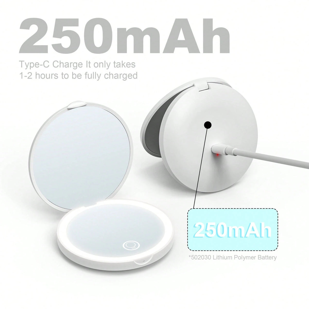 Rechargeable Portable LED Makeup Mirror, Solid Color Light Handheld 2X Magnifying Mirror, Adjustable Fill Light, Compact Foldable With Light