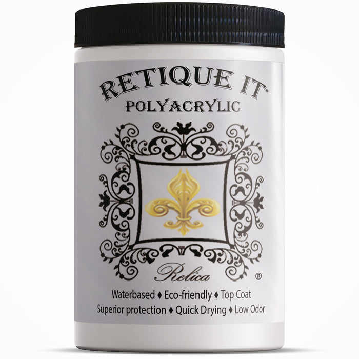 Retique It Polyacrylic protective coating and sealant in a square container, designed for furniture and surface protection.