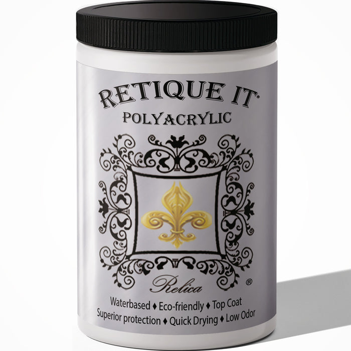 Close-up of Retique It Polyacrylic protective coating applied to a surface, showcasing a smooth, clear sealant finish.