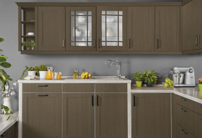 Retique It Smooth Finish Kit in Black Walnut for wood finishes, shown on kitchen cabinets with a sleek, polished look.