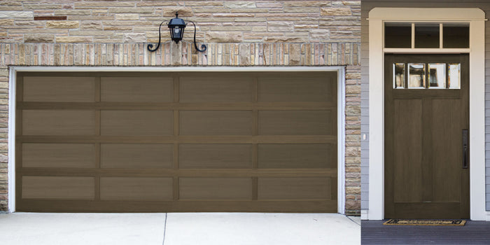 Retique It Smooth Finish Kit in Black Walnut for wood finishes, showing a smooth application on a garage door surface.