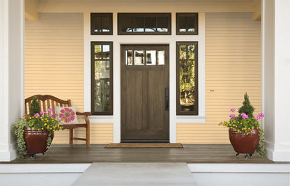 Retique It black walnut wood finish kit for smooth, polished wood surfaces, shown on a front door.