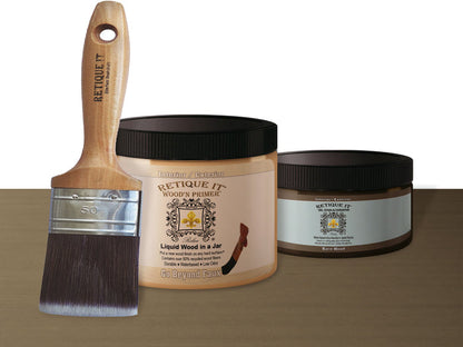 Retique It Black Walnut Smooth Finish Kit with gel, showcasing the wood finish products and tools for a sleek, polished look