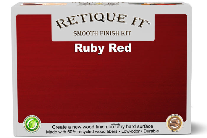 Retique It Smooth Finish Kit in Ruby Red for wood finishing, showing brushes, finish bottles, and sample wood surface.
