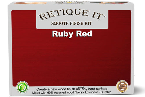 Retique It Smooth Finish Kit in Ruby Red for wood finishing, showing brushes, finish bottles, and sample wood surface.