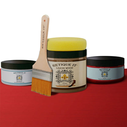 Retique It Smooth Finish Kit in Ruby Red for wood finishing, featuring application tools and smooth, glossy wood surface.