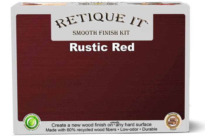 Retique It Smooth Finish Kit in Rustic Red for wood finishing, featuring brushes and tools on a wooden surface.
