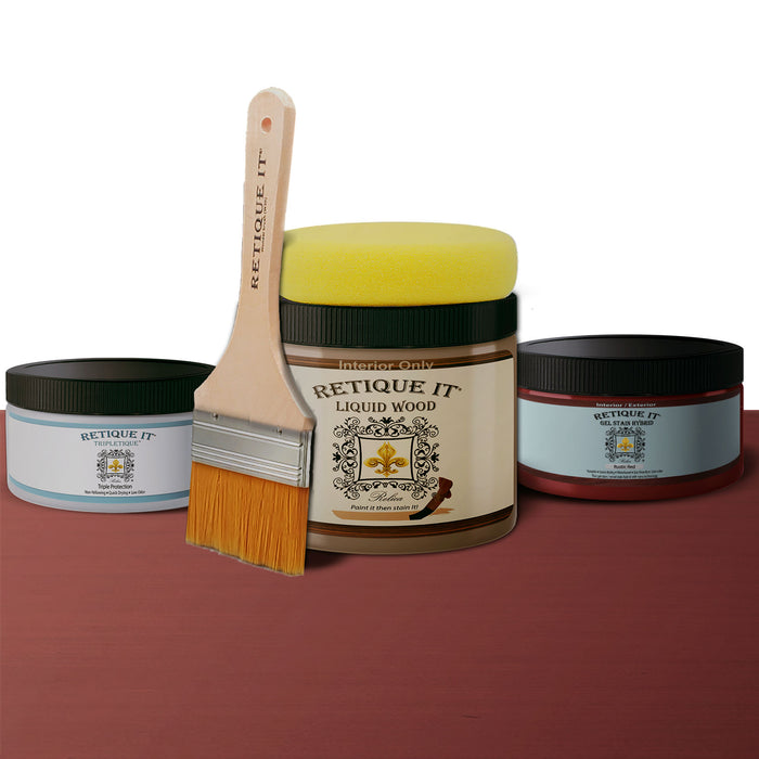 Retique It Smooth Finish Kit in Rustic Red wood finish, showing application tools and finished wood surface.