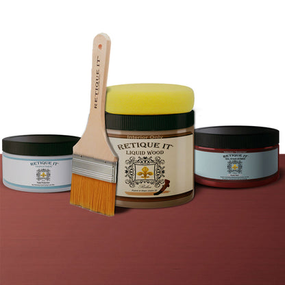 Retique It Smooth Finish Kit in Rustic Red wood finish, showing application tools and finished wood surface.