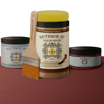 Retique It Smooth Finish Kit in Rustic Red for wood finishing, featuring brushes and tools for a polished wood surface.