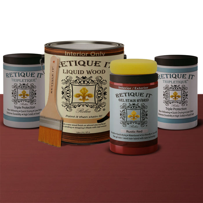 Retique It Smooth Finish Kit in Rustic Red for wood finishes, featuring a textured, rustic-red wood treatment application.