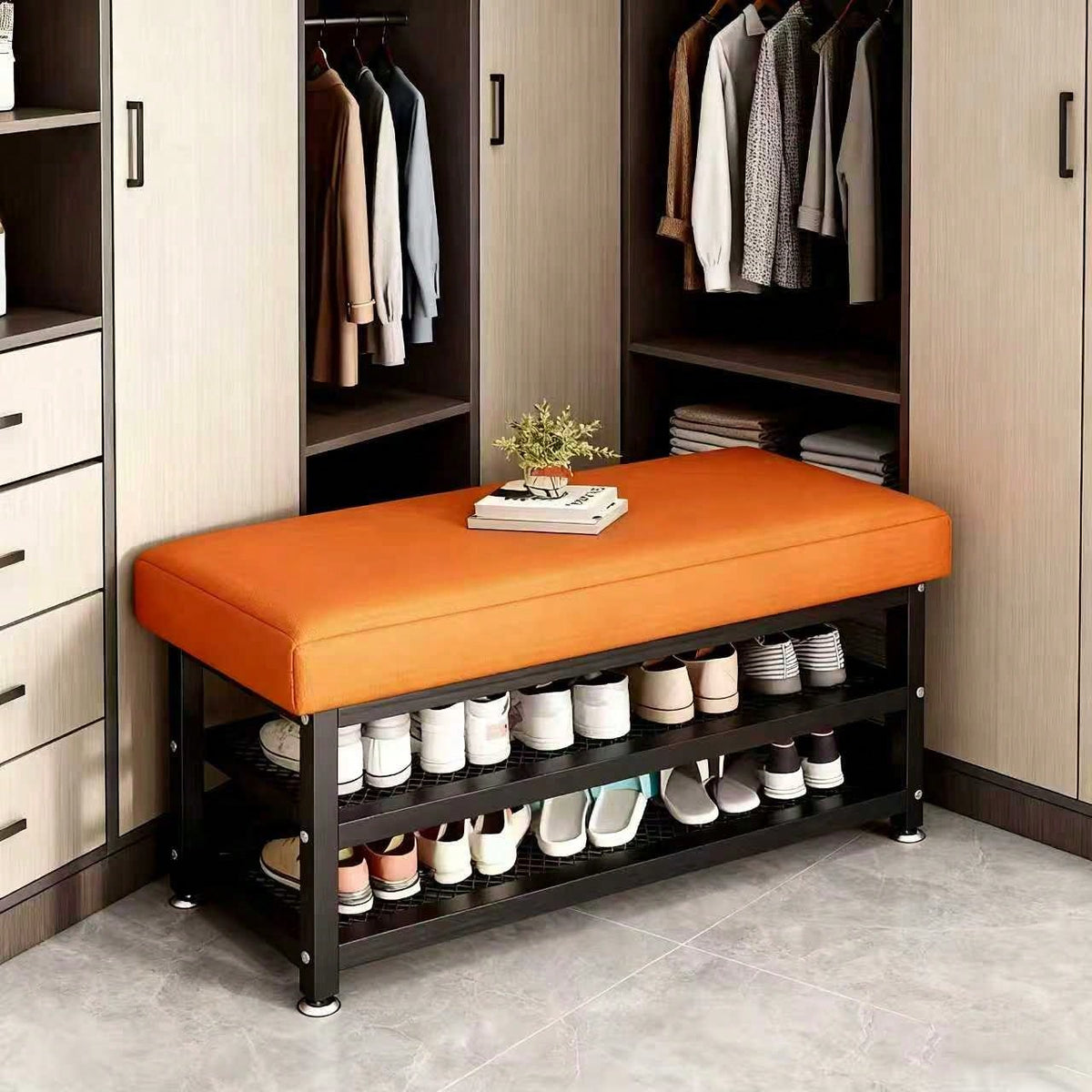 [Soft Cushion Shoe Stool] Modern Shoe Changing Stool With Soft Cushion- Multi Compartment Shoe Storage Organizer, Space Saving Metal Frame Shoe Rack For Bedroom Or Foyer, Easy To Install Entrance Pas