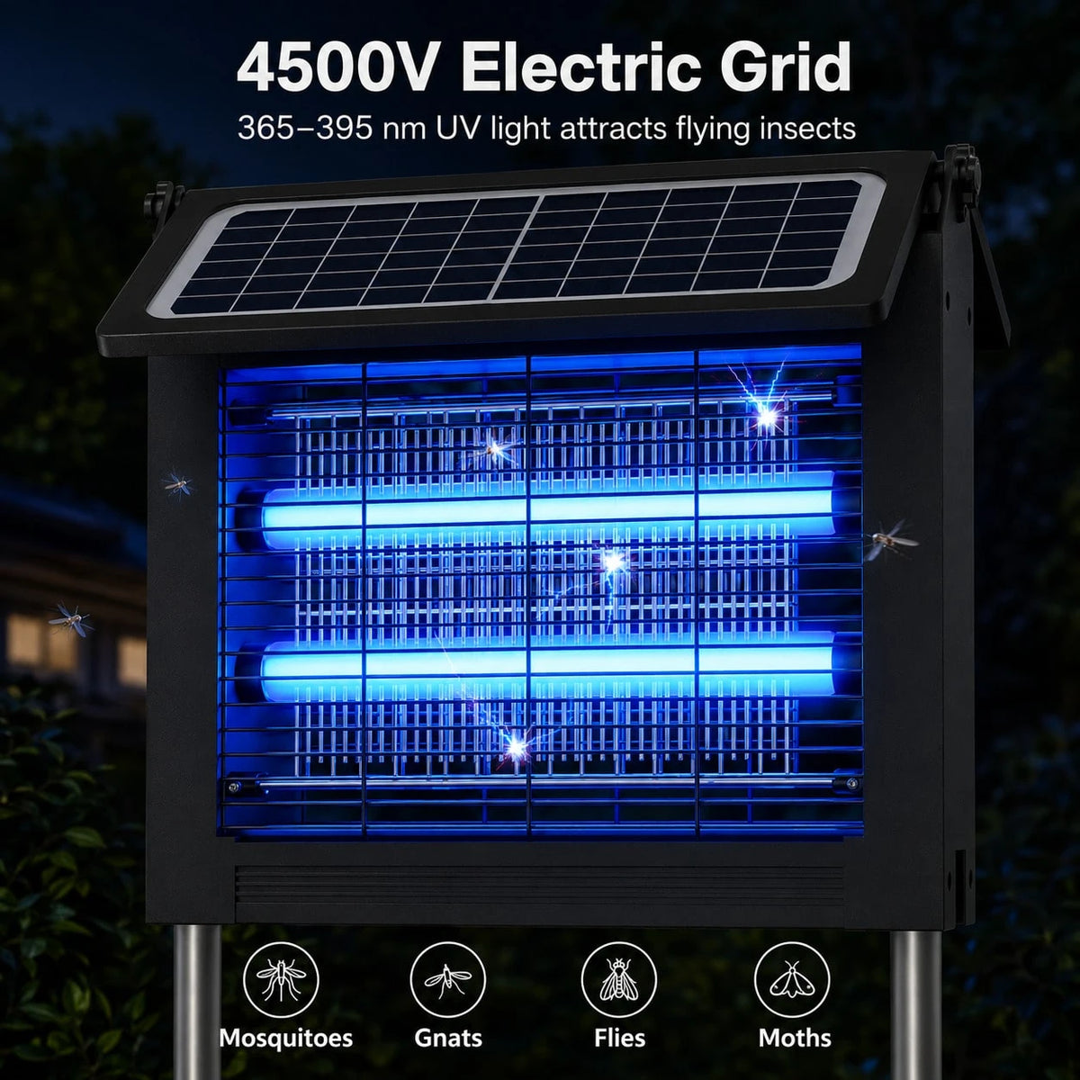 Solar Bug Zapper Outdoor, Dual Solar Panels Mosquito Zapper Light With 4000mAh Battery, USB Charging, Auto Sensor, 10FT Cable, IPX5 Water-Resistant 3-Way Stake Hanging Tabletop Use For Patio Yard Camp