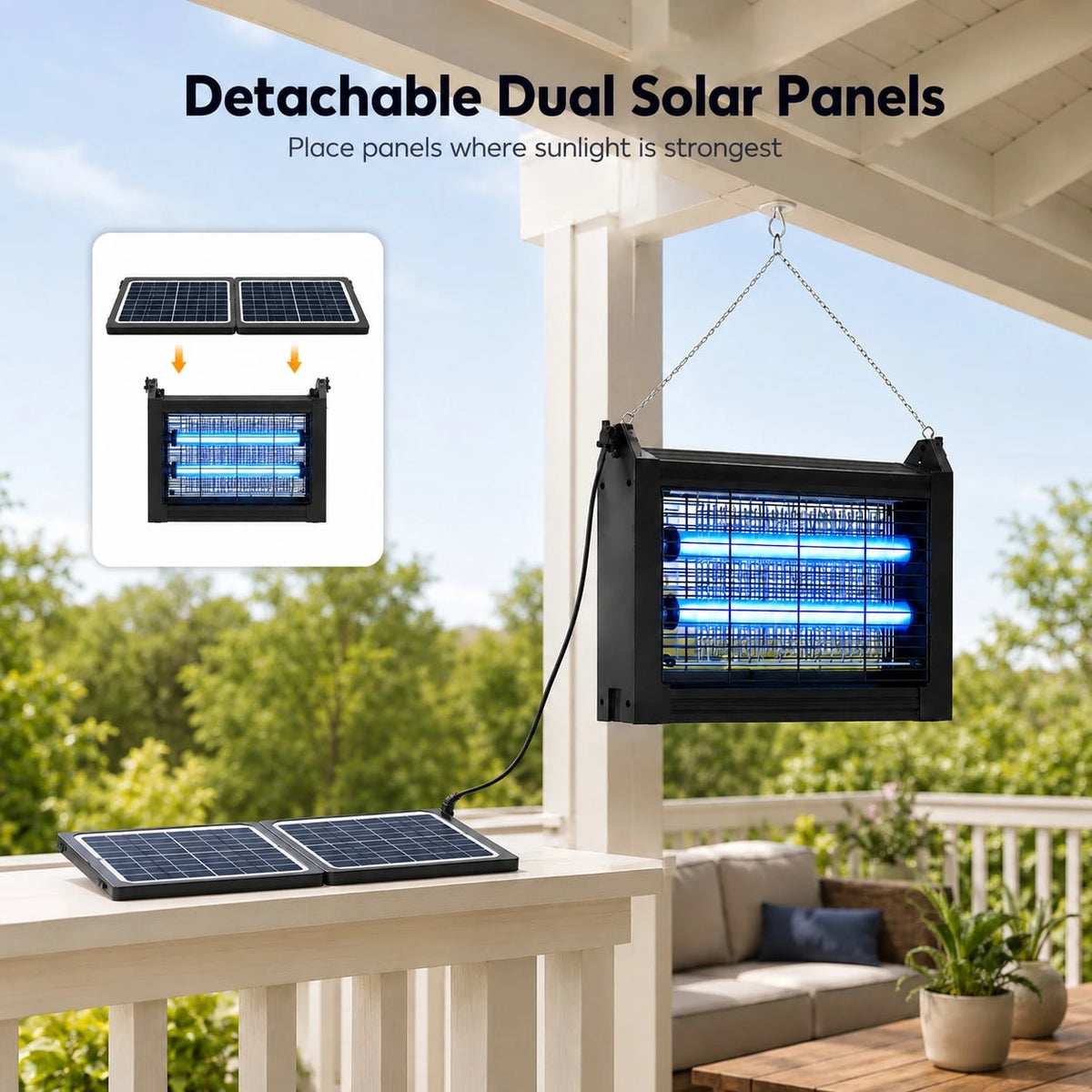 Solar Bug Zapper Outdoor, Dual Solar Panels Mosquito Zapper Light With 4000mAh Battery, USB Charging, Auto Sensor, 10FT Cable, IPX5 Water-Resistant 3-Way Stake Hanging Tabletop Use For Patio Yard Camp
