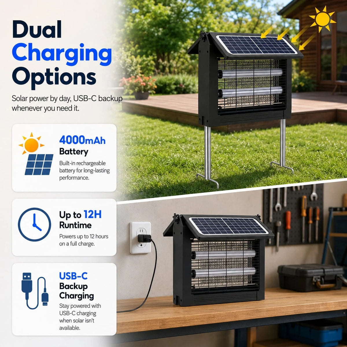 Solar Bug Zapper Outdoor, Dual Solar Panels Mosquito Zapper Light With 4000mAh Battery, USB Charging, Auto Sensor, 10FT Cable, IPX5 Water-Resistant 3-Way Stake Hanging Tabletop Use For Patio Yard Camp