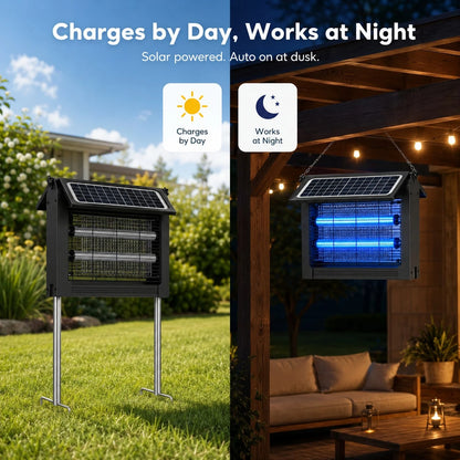 Solar Bug Zapper Outdoor, Dual Solar Panels Mosquito Zapper Light With 4000mAh Battery, USB Charging, Auto Sensor, 10FT Cable, IPX5 Water-Resistant 3-Way Stake Hanging Tabletop Use For Patio Yard Camp